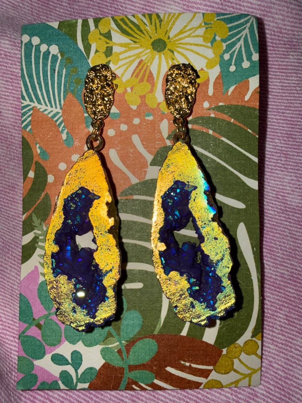 Gold and Iridescent Blue Druzy Drop Earrings